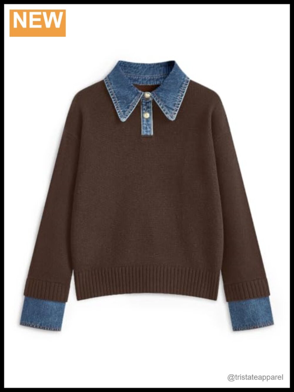 Oversized Denim Lapel Polo Knit Sweater Long Sleeve Pullover